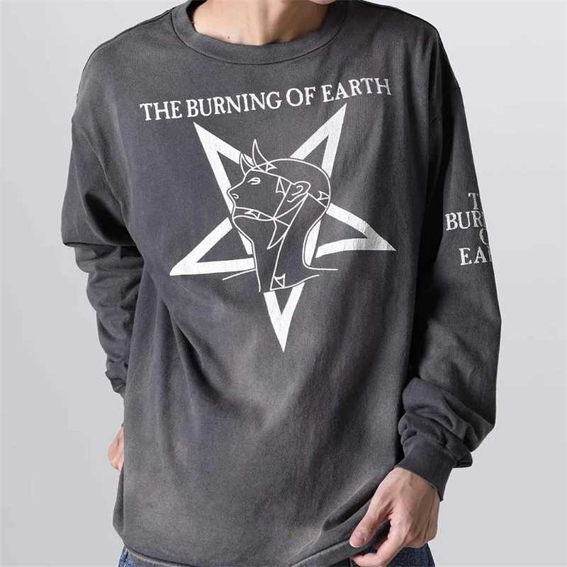 New High Quality Vintage Retro American Printed Cotton High Street Long Sleeve Loose Casual Rock Hip Hop Pop Oversize T-shirt T261019