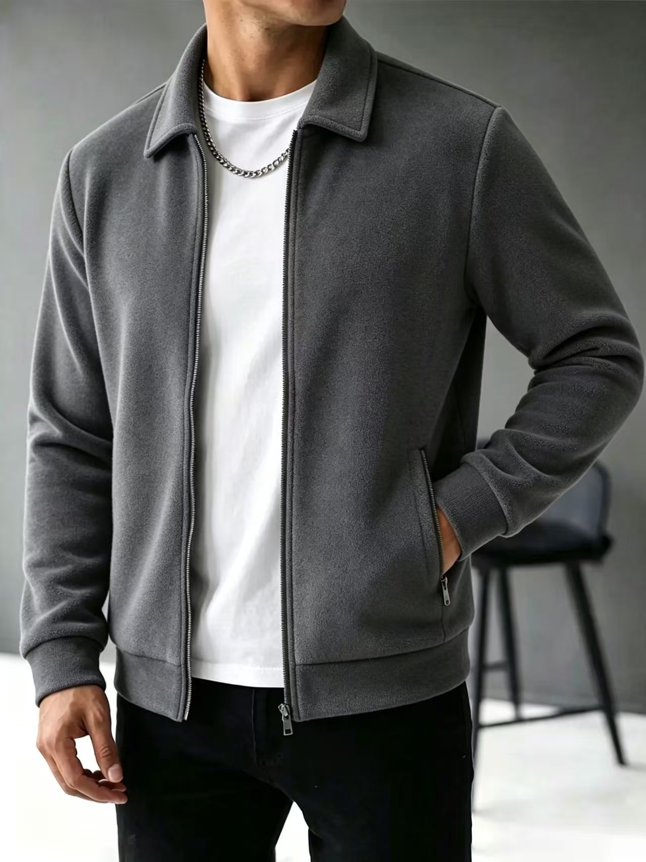 Men's autumn and winter collared full-zip sweatshirt, fleece-lined knitted sports jacket, wholesale men's outerwear