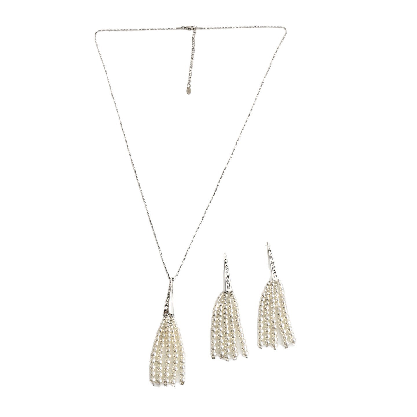 Stylish elegant silver titanium steel necklace with non-fading pearl tassel pendant, a lightweight and luxurious long chain sweaters, designed for w