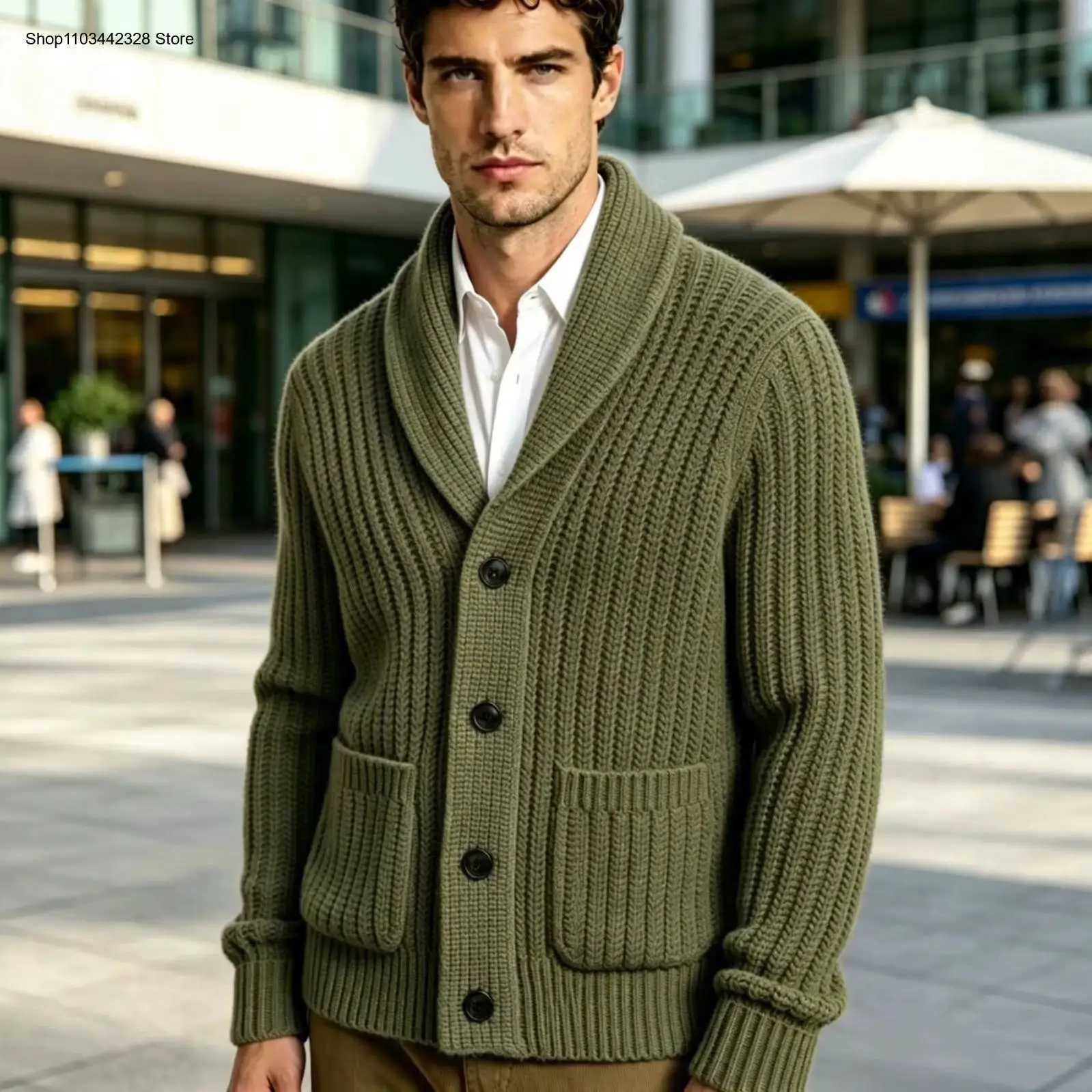 Slim Men's Sweater Winter Cardigan Fit Shawl Collar Outwear Sweatercoat Fashion Male Knit Button Up Wool Cardigan With Pockets M261016