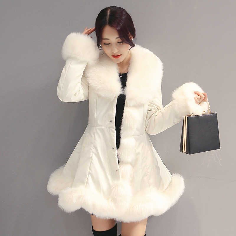 Womens New Big Fur Coats Fur Collar Leather Mid Long Parkas Winter Warm Fur Beige Coats Clothes S261016RU79