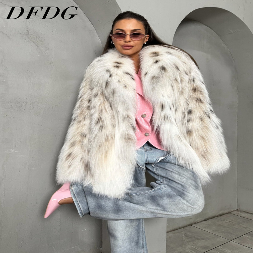 DFDG 2026 Women Leopard Print Faux Fur MidLong Coat Wide Lapel Collar Fluffy Plush Oversized Jacket y Winter Street 260923