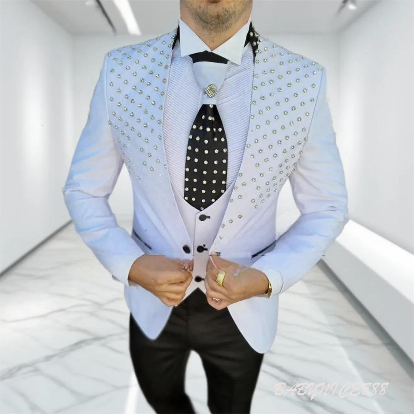 Sparkly Crystals Beading Wedding Suits For Men Slim Fit Single Breasted Jacket Vest Pants 3 Pieces Formal Groom Tuxedos