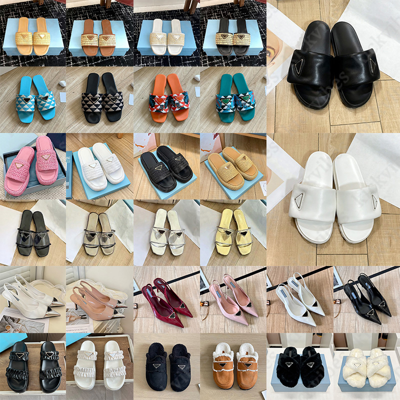 Hot Sale Designer Slippers Sandals Women Fashion White Black Blue Khaki lady fur Slides Summer Flat Mule Platform Flatform heels warm women luxury D