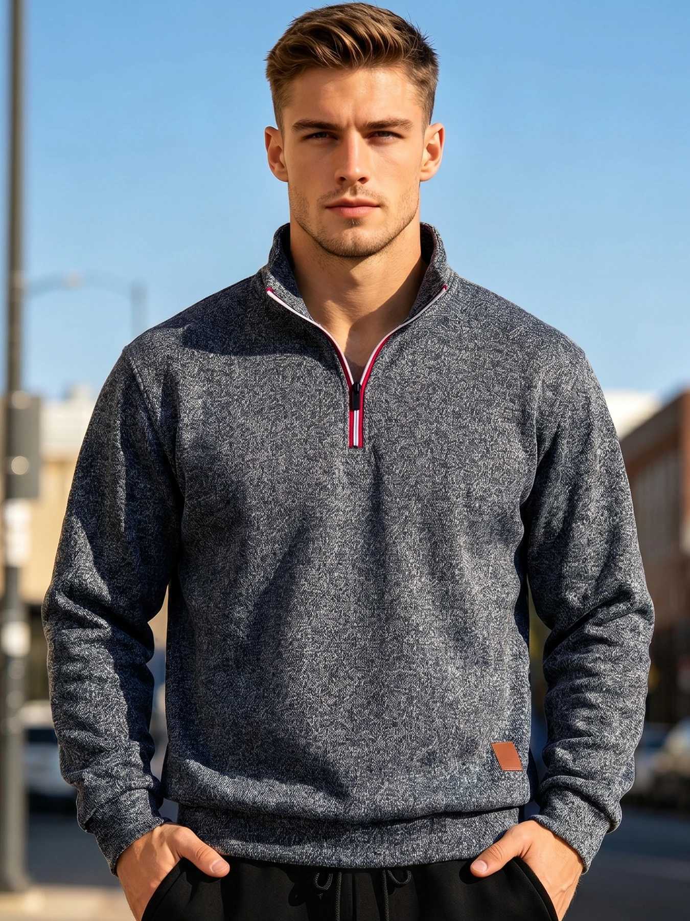 Pullover Men Quarter Zip Flce Knit Warm Sweatshirt Autumn Winter Outdoor Casual Jumper Stand Collar Flce Inner Iop M261016