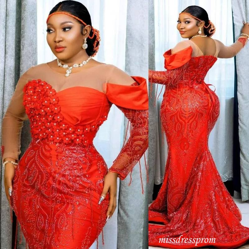 Plus Size Red Prom Robe De Sorrie Mermaid Evening Dresses Sheer Neck Beaded Lace Crystals Birthday Dress Second Reception Gowns Am3872