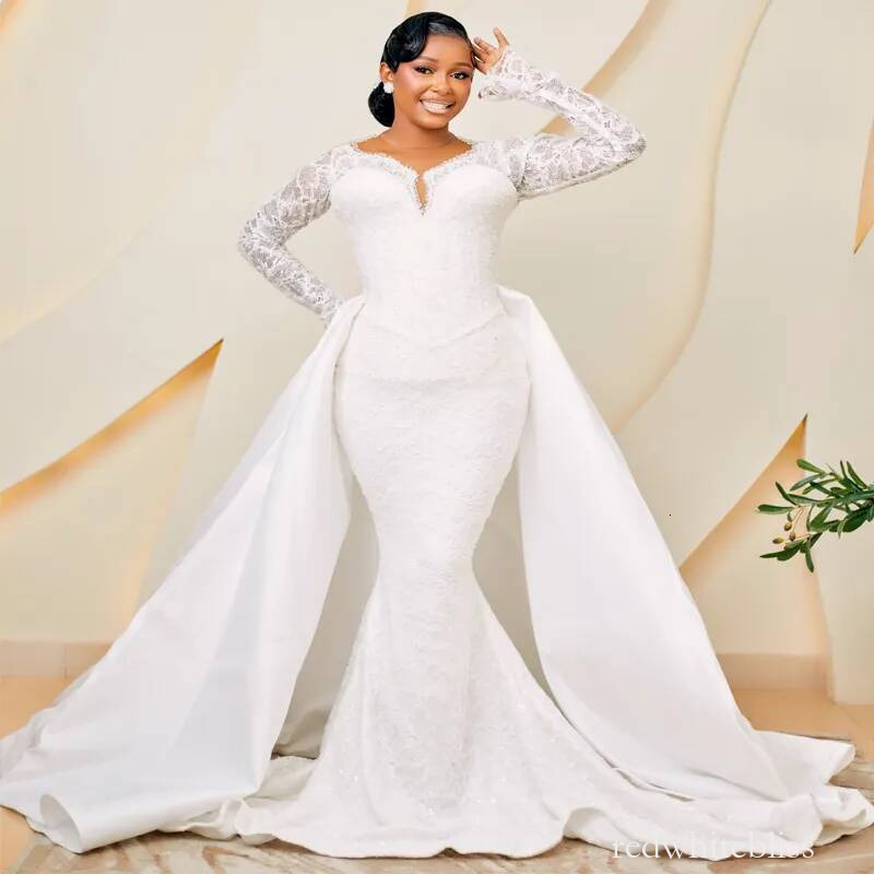 African Arabic Off White Wedding Dress Bridal Gowns For Bride Mermaid Wedding Gowns Detachable Train Crystal Beaded Lace Rhinestones Bridal Dress