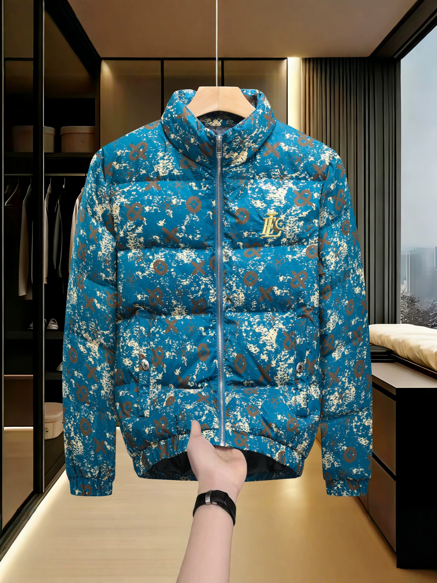 European-style high-end trendy down jacket for men, new winter collection, plus size, stand-up collar, printed and embroidered, casual men's ou