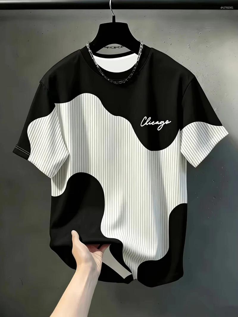 Summer Men's T-Shirt Stripe Letter Pattern Print Casual Loose Hip Hop Trend Harajuku Streetwear O-Neck T-Shirts Men Tops