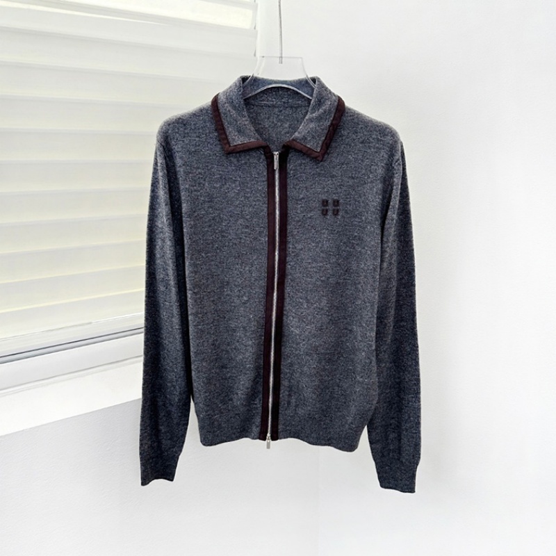 Women Gray Wool Knitted Cardigan Designer Contrast Trim Zip Up Sweater Jacket Autumn Winter Soft Warm Sweaters