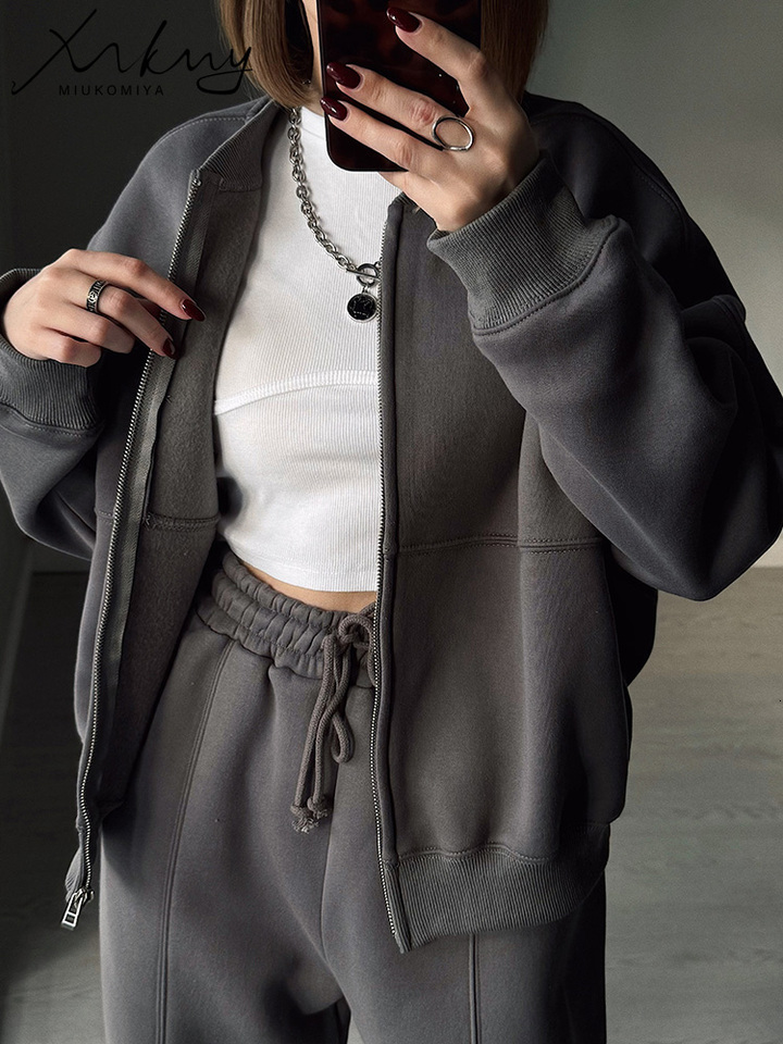 Warm Suit Sweatpants Sets Winter 2 Pieces Thick Fleece Zipper Jacket And Pants Set Female Velvet Tracksuit For Women Mdng261019