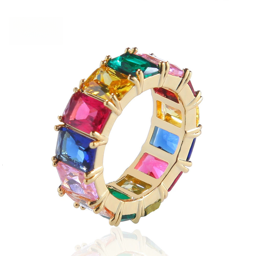 Hip-hop retro cute Luxury Iced new model copper inlaid mixed color rectangular Out D VVS Diamond moissanite hip-hop rap ring Luxury Iced