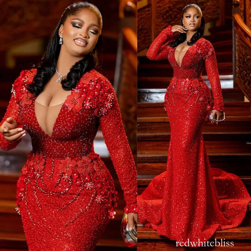 Plus Size Red Mermaid Prom Evening Dresses Deep V Neck Flora Crystals Party Dress Sequined Lace Formal For Black Women Birthday Gowns Am2620