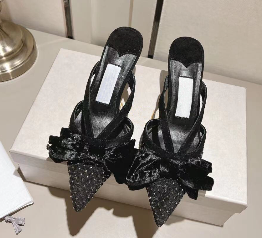 Casual Slides Designer Heels Flaca Bow And Crystal-embellished Mesh Pointed toe rhinestone Slide Sandal Black satin low heeled Luxury Designer Pumps