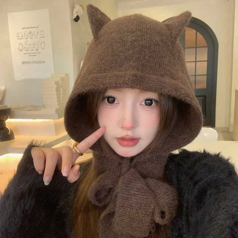 Beanie/Skull Caps Cute Ear Straps Hat Womens Winter Knitted Hat Versatile Soft Balaclava Hats Windproof Lightweight Ear Protection Cap Autumn Hats Q