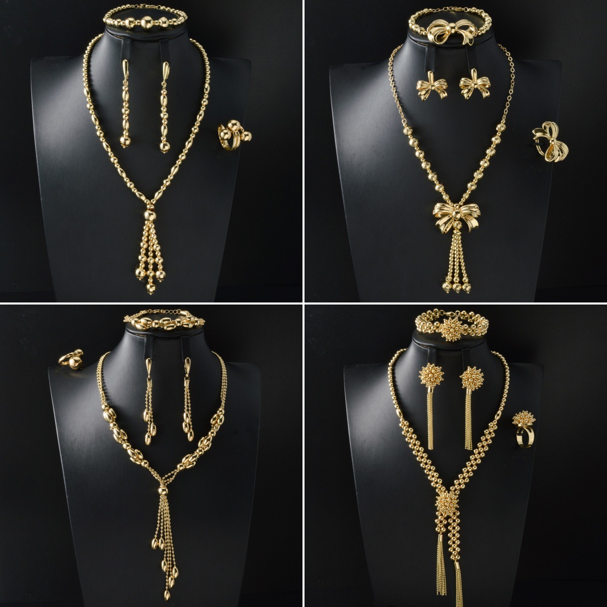 New 18k Dubai bridal earrings, necklace, bracelet, and ring a fashionable gold jewelry set for Middle Eastern women, consisting of four pieces