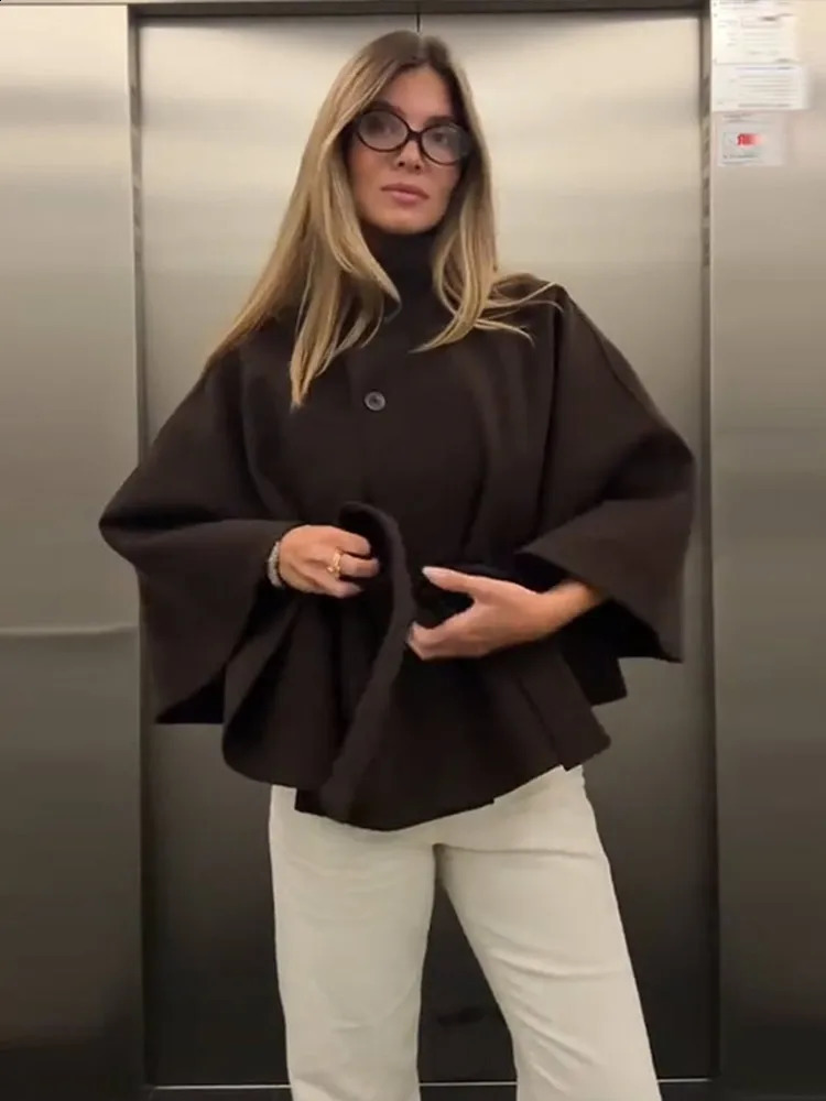 Faux Fur Cloak Jackets Women Loose Standneck Three Button Wide Sleeves Belt Coats Female 2026 Autumn Solid Chic Fashion Outwears 261015