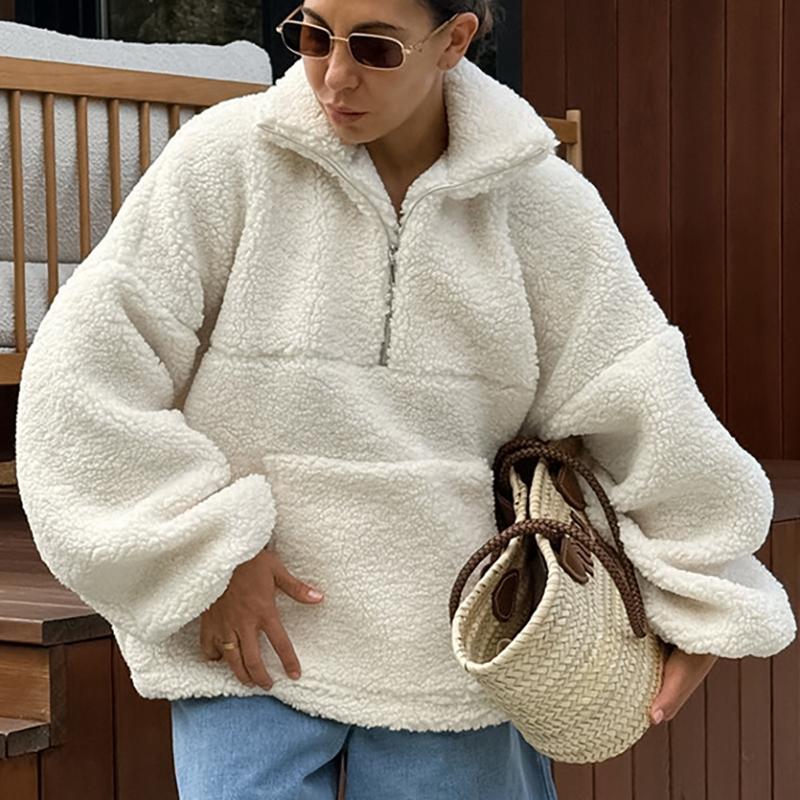 Sweat-shirt en molleton de styliste, col Polo, col zippé, Beige, manches longues, hiver 2025, haut décontracté pour les déplacements, Streetwear