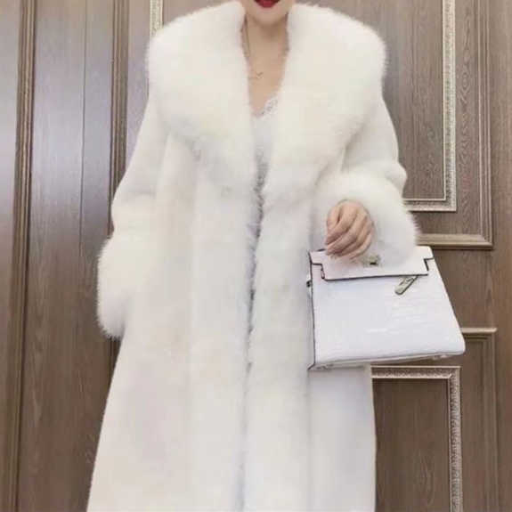 Coats Fur Women Long Coat Thick Warm Turn Down Collar Open Spring Outerwear Jackets Elegant Splice Autumn Winter S2610165T42