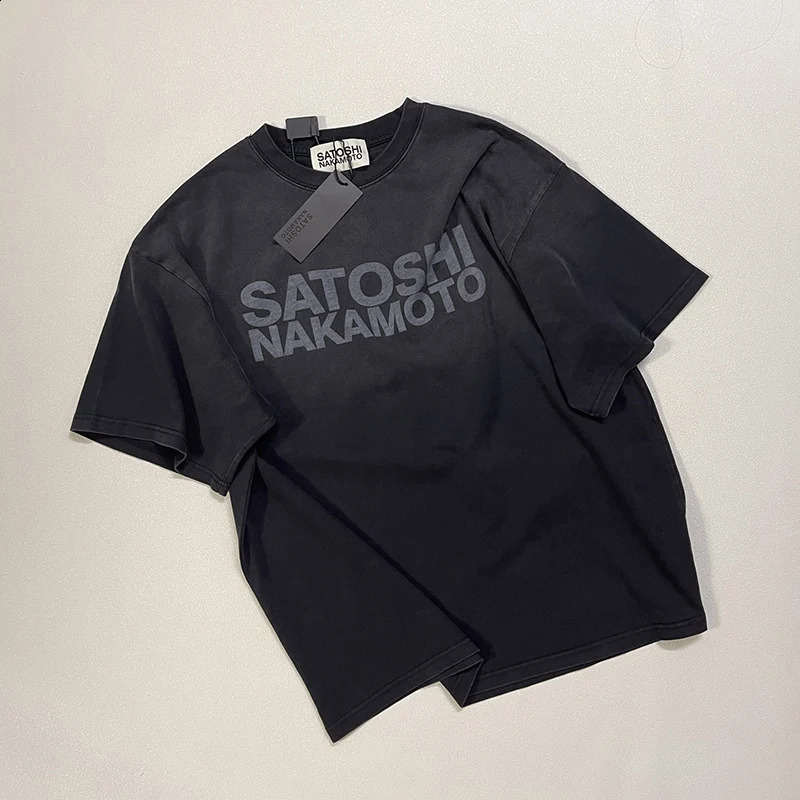 Men Women Couple Casual Summer Oversized Tee Classic Letters Print Satoshi Nakamoto T Shirt Washed Black Cotton T-Shirt 261017