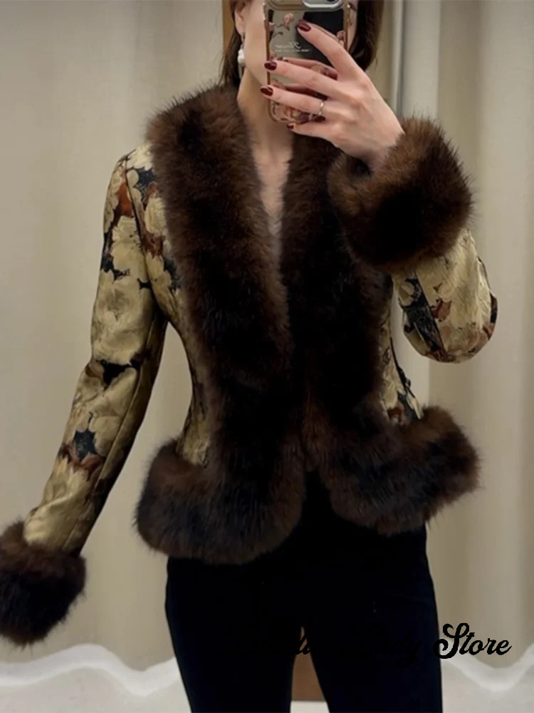 Women Floral Jacquard Faux Fur Trim Jacket V Neck Single Button Long Furry Cuff Cropped Coats Vintage Winter Warm Party Coat New Mdng261019