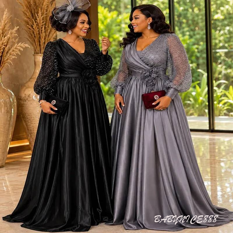 Plus Size Mother Of The Bride 2026 Chiffon Long Sleeves V Neck Pleated Mother's Dress Beaded Sequined Lace Gowns For African Black Women Marria