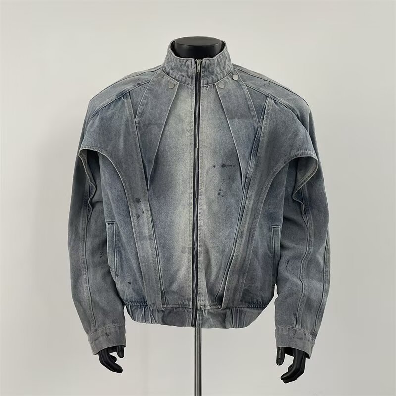 Men Distressed Dirty Wash Denim Jacket, American Vibe Deconstructed Stand Collar Loose Workwear Coat for Spring Autumn