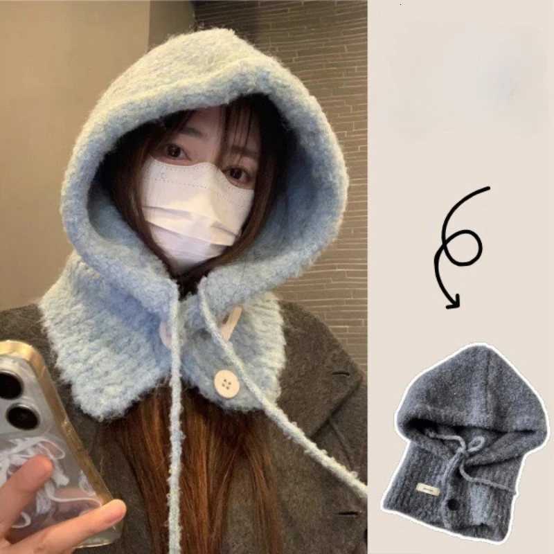Beanie/Skull Caps Women Knitted Balaclava Hat Winter Warm Hooded Scarf Cap Autumn Drawstring Neck Warmer Solid Color Ski Hat Q261017