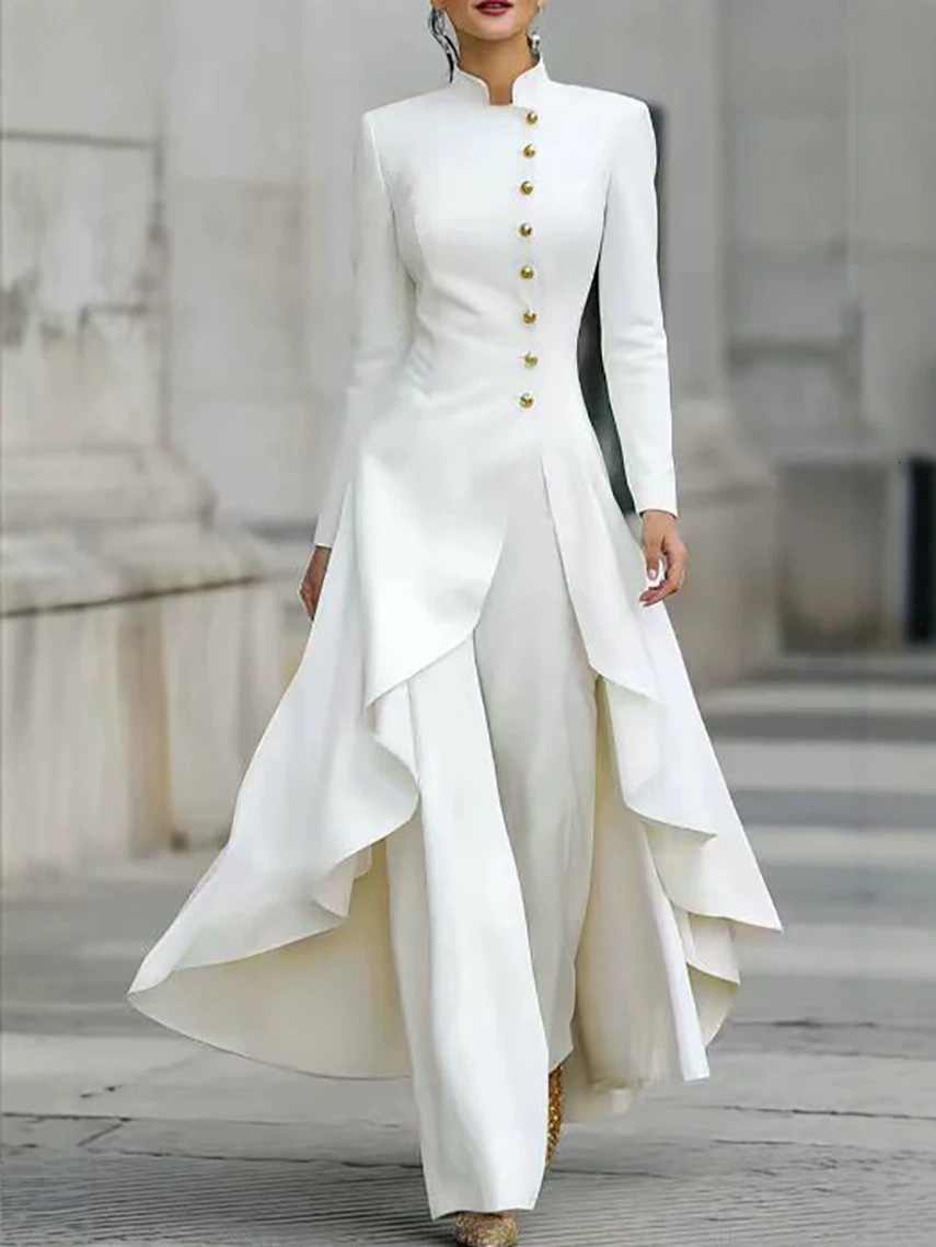 Cross-border spring, autumn, winter new arrivals: French-style, popular, high-neck, faux-button, solid-color, elegant, stylish long-sleeved dress an