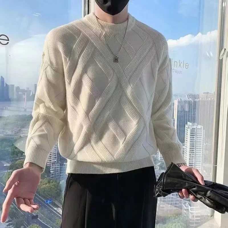 for White Knitted Men Sweaters Round Collar Grn Crewneck Pullovers Man Clothes Clothing Knitwears Y2k Strtwear Fun Casual S M261016