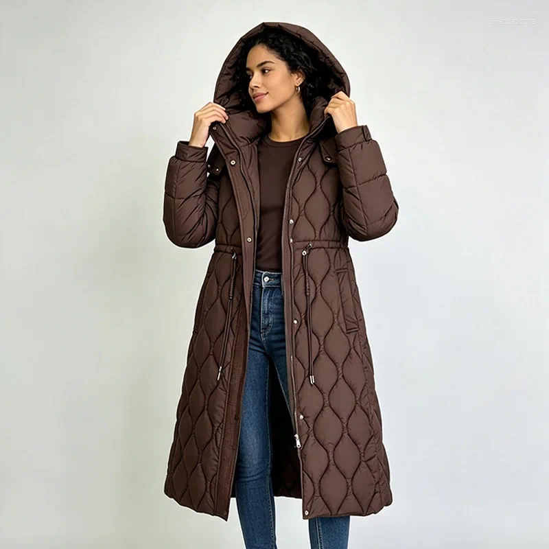 Fashion X-long Down Cotton-padded Jacket Women's Winter Hooded Parkas Thicken Warm Coat Drawstring Slim Quilted Outerwear