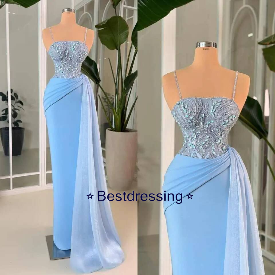 Sexy Spaghetti Evening Dresses Mermaid Pleated Beads Women Prom Gowns Second Engagement Dress Customized Bd017