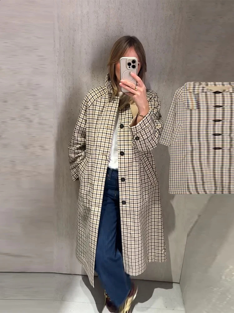 Long Trench Casual Double Side Women's Coat Single Breasted Lapel Pockets Full Sleeve Plaid Windbreaker 2026 Lady Spring Autumn 260922