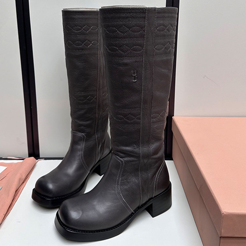 Embroidered Leather Boots Ladies Designer Soft Leather Patchwork Upper Retro Embroidered Thick Heel Knee High Round Toe Western Style Fashionable Bo
