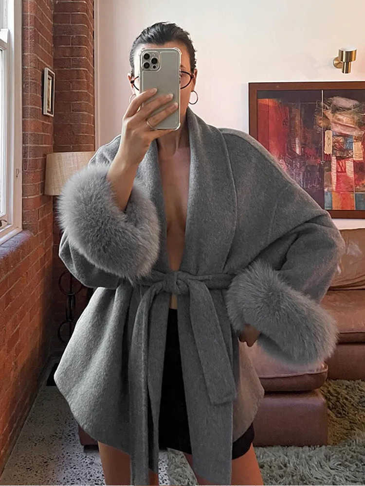 Lace Solid Woolen Short Coat Elegant Loose Lapel Furry Belt Long Slve Jacket 2026 Spring Winter Chic Cardigan S2610167337