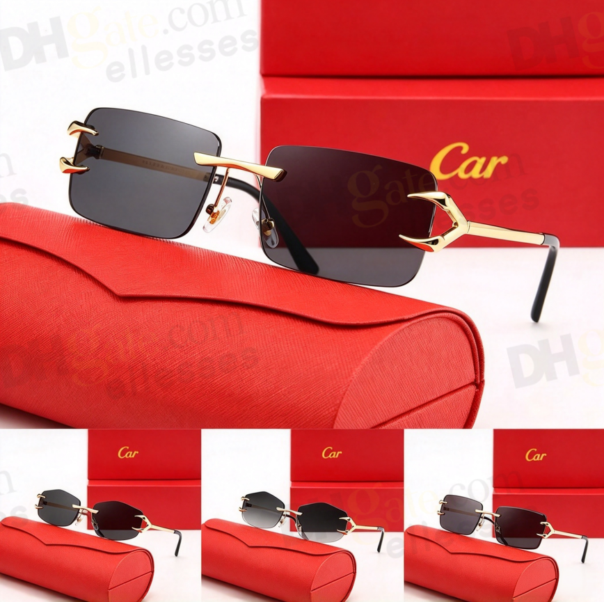 Luxury Designer Sunglasses Panthere Santos Rimless Metal Frame Titanium Gold Tone Leopard Pattern UV400 Protection For Men Women Eyewear With Box