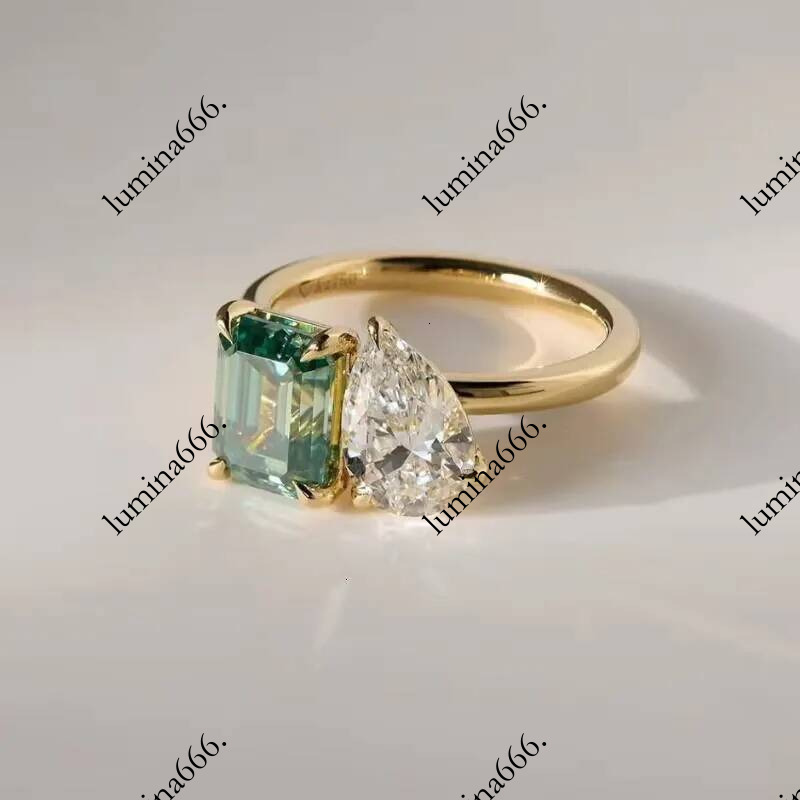 Fine Jewelry Double Stone Toi Et Moi 14k Yellow Gold White Pear Green Emerald Cut Moissanite Ring