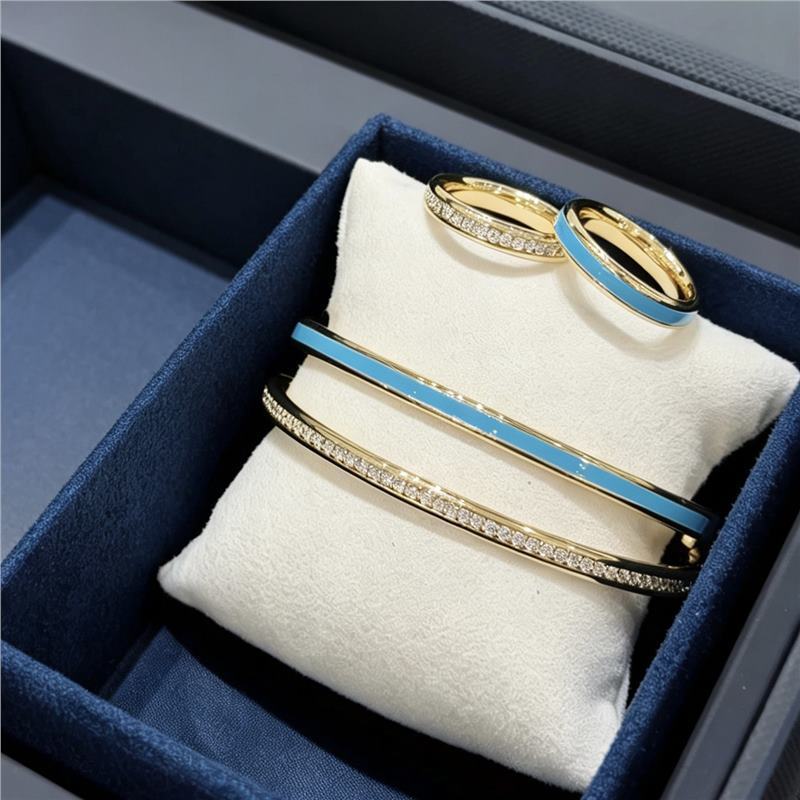 Apmmonaco Jewelry Designer Luxury Bracelet For Woman Men Luxe Bangle A's Blue Enamel And Diamond-studded Layered Bracelet Jewelry Set For Coupl