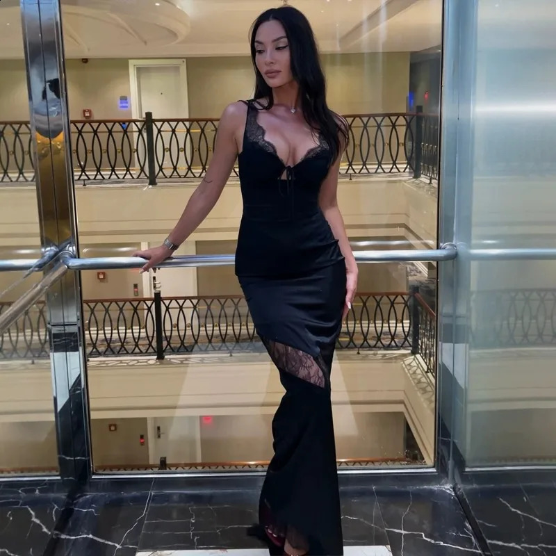 Talenza Sexy Satin Lace Dress Women Fashion Hollow See Through Spaghetti Strap Dress Elegant Party Vintage Black Lady Maxi Dress 261014