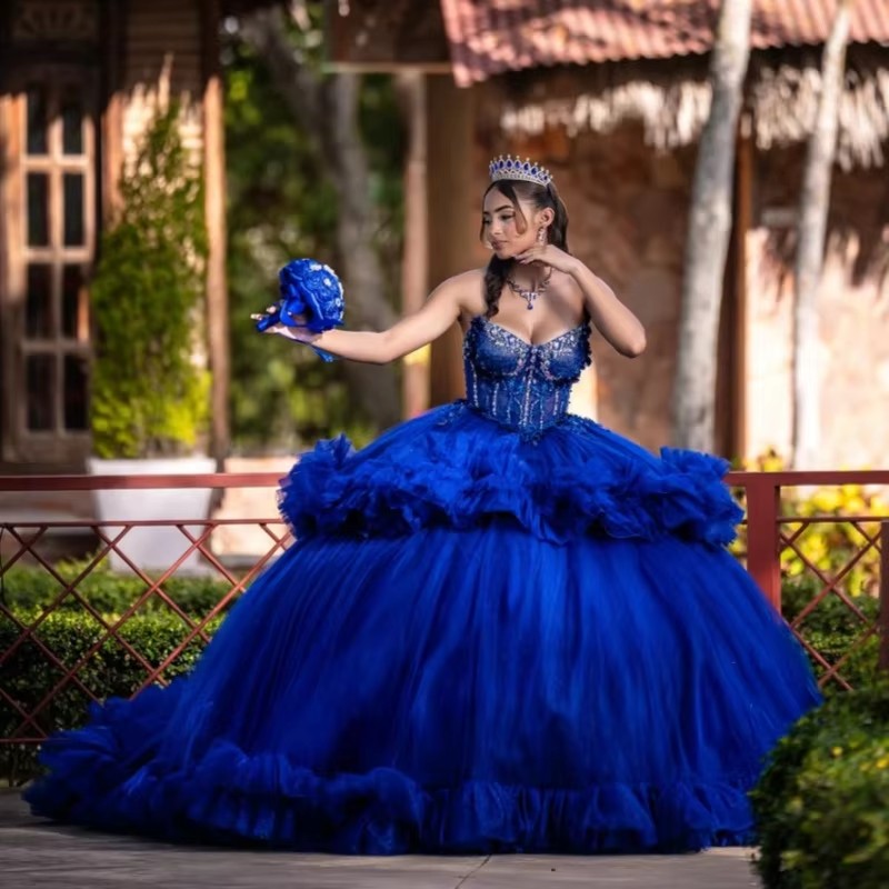 Royal Blue Glitter Quinceanera Dresses Off Shoulder Ball Gown Sweet 16 Dress Beading Crystal Tiered Tull Long Tail Party Birthday vestidos 15 anos