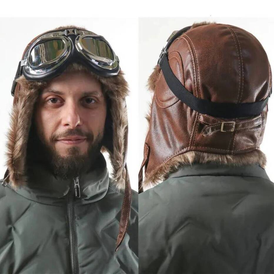 Winter perfume 2026 Bomber Hats With cologne Goggles Men Outdoor Motorcycle Windproof Warm Faux Fur Pilot Earflap Caps Leather Thermal Ushanka Desig