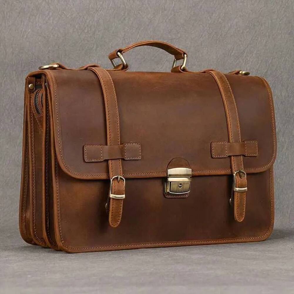 Bags Luxury Men Genuine Business Brown Leather Briefcase accessories Bag For Laptops Notebooks Luggage T1