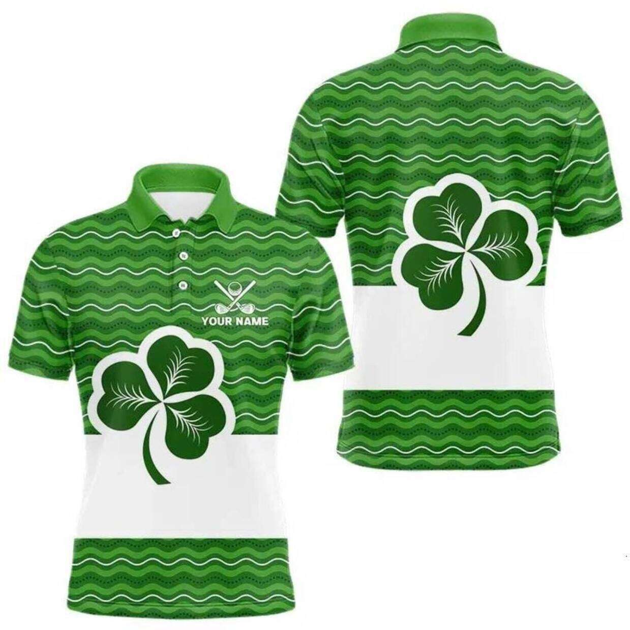Professional Performance Golf TShirts 3D Print * St Patricks Day Clover Pattern Golf Polo Shirts Custom Name * Short Sleeve Sport Tshirt Top * Mens