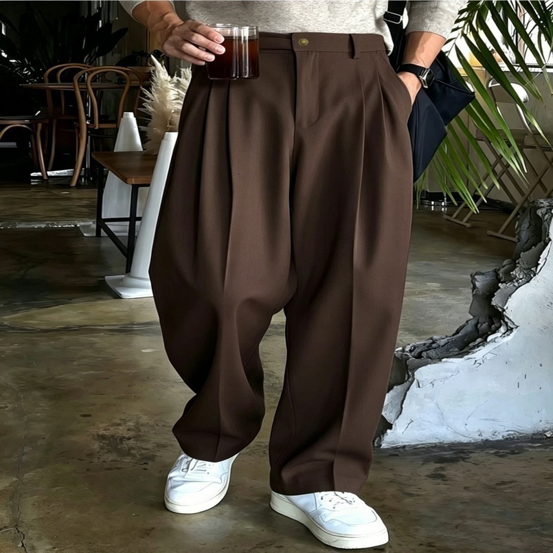 Mens Double Pleated Wide Leg Suit Pants Korean Clean Fit Draped Slacks Loose Baggy Trousers Business Office Casual Streetwear 261013
