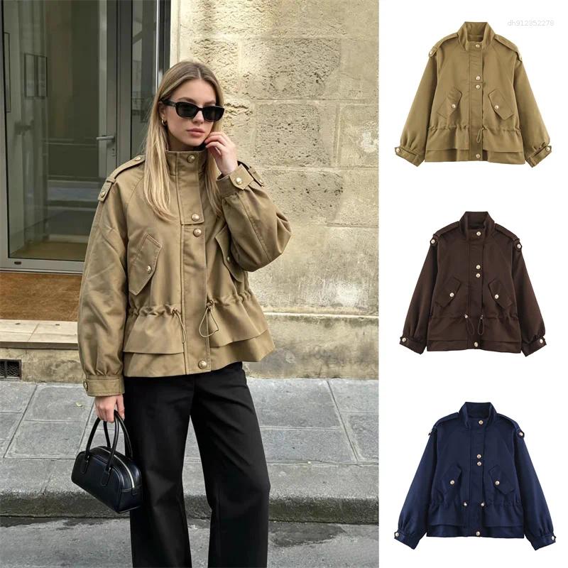 Guobioziy Women's Jacket 2026 Spring And Autumn Simple Stand Collar Drawstring Waist Loose Slim Trench Coat