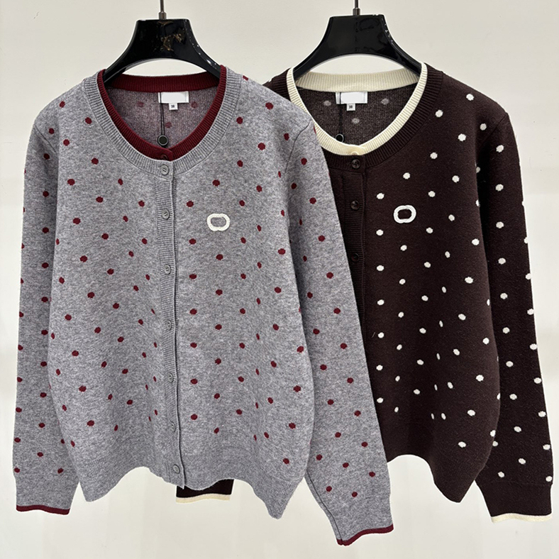 Cute Polka Dot Knit Cardigan For Women Chic Crew Neck Long Sleeve Rib Trim Elegant Vintage Outwear Autumn Dating Birthday Button Sweater