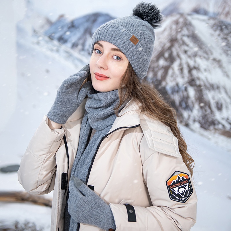 Women Winter 3-Piece Set Wool Blend Beanie Scarf Gloves Knitted Warm Pom Pom Hat Thick Thermal Neck Warmer Gift Set