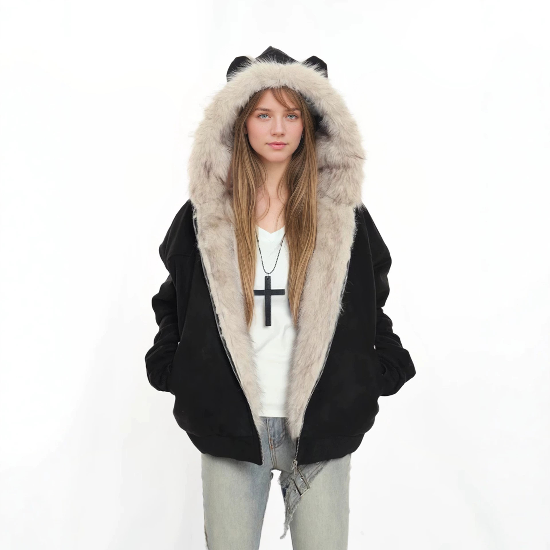 Men Women Faux Suede Parka with Furry Rabbit Ear Hood Winter Thick Warm Faux Fur Lined Mountain Style Coat Unisex Casual Outerwear >