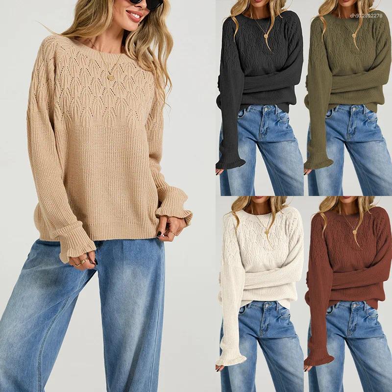 Women Round Neck Hollow Out Knit Sweater Long Sleeve Raglan Solid Color Textured Knitted Loose Pullover Casual Jumper Top