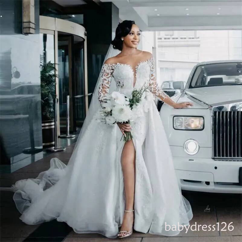 Off Shoulder Lace Mermaid Wedding Dresses Plus Size Women African Long Sleeves vestidos de novia Bridal Gowns with Detachable Train